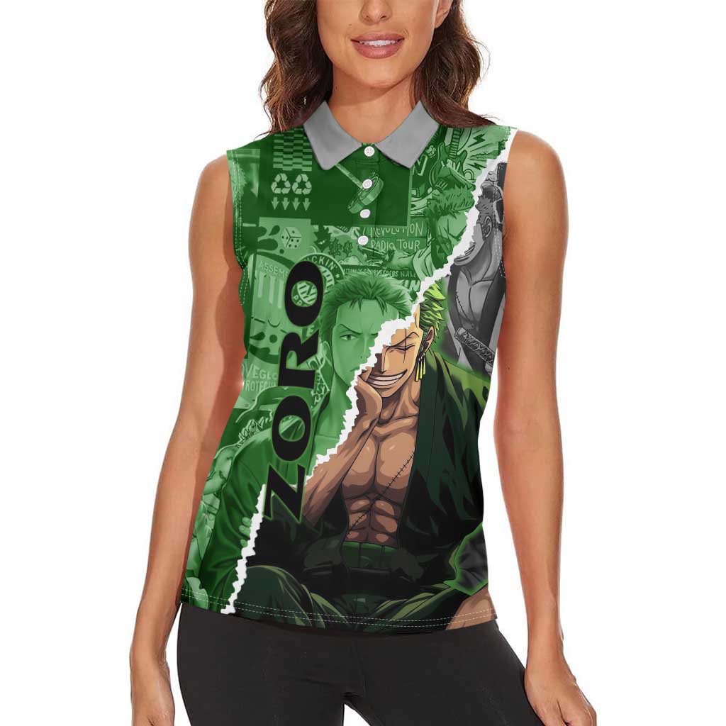 Zoro One Piece Green Theme Women Sleeveless Polo Shirt with Manga Collage and Dual Portrait Swordmaster Design - The Mazicc