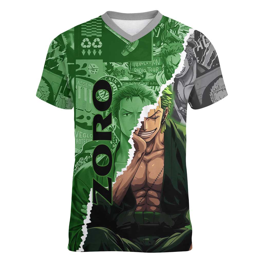 Zoro One Piece Green Theme Women V-Neck T-Shirt with Manga Collage and Dual Portrait Swordmaster Design - The Mazicc