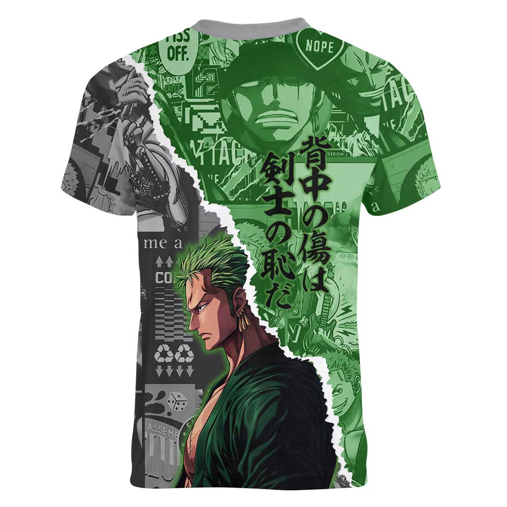Zoro One Piece Green Theme Women V-Neck T-Shirt with Manga Collage and Dual Portrait Swordmaster Design - The Mazicc