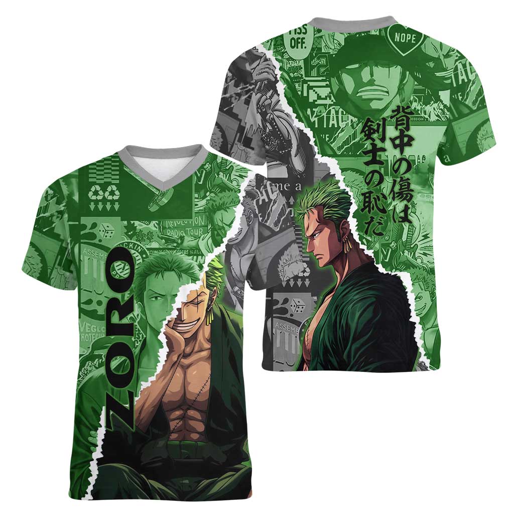 Zoro One Piece Green Theme Women V-Neck T-Shirt with Manga Collage and Dual Portrait Swordmaster Design - The Mazicc