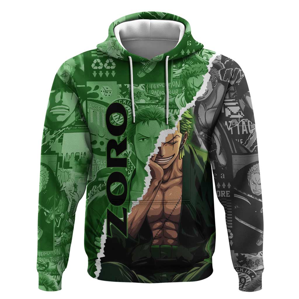 Zoro One Piece Green Theme Zip Hoodie with Manga Collage and Dual Portrait Swordmaster Design - The Mazicc