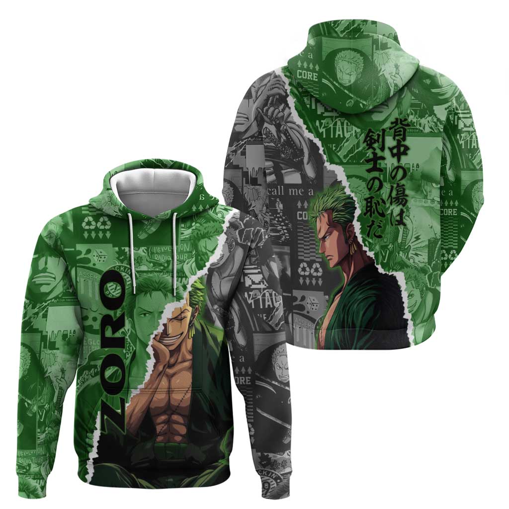 Zoro One Piece Green Theme Zip Hoodie with Manga Collage and Dual Portrait Swordmaster Design - The Mazicc