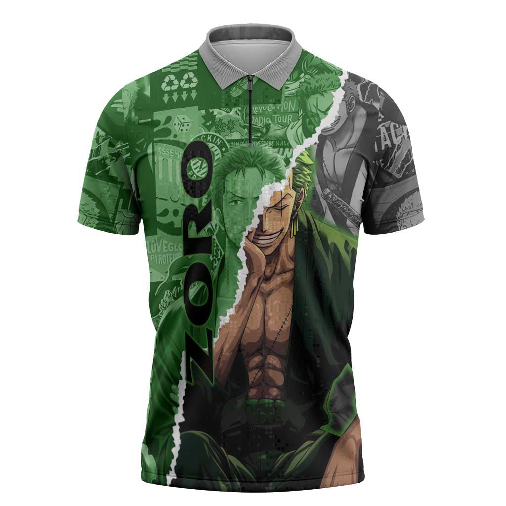 Zoro One Piece Green Theme Zipper Polo Shirt with Manga Collage and Dual Portrait Swordmaster Design - The Mazicc