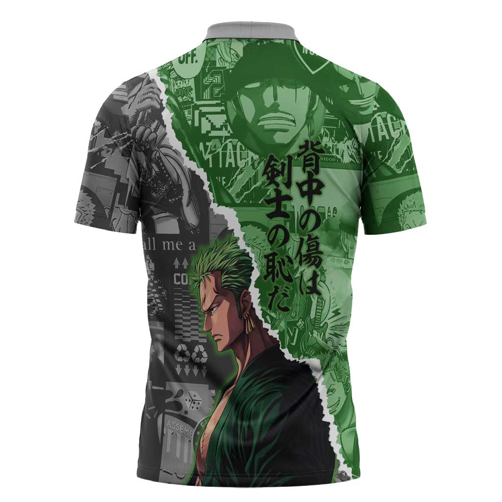 Zoro One Piece Green Theme Zipper Polo Shirt with Manga Collage and Dual Portrait Swordmaster Design - The Mazicc