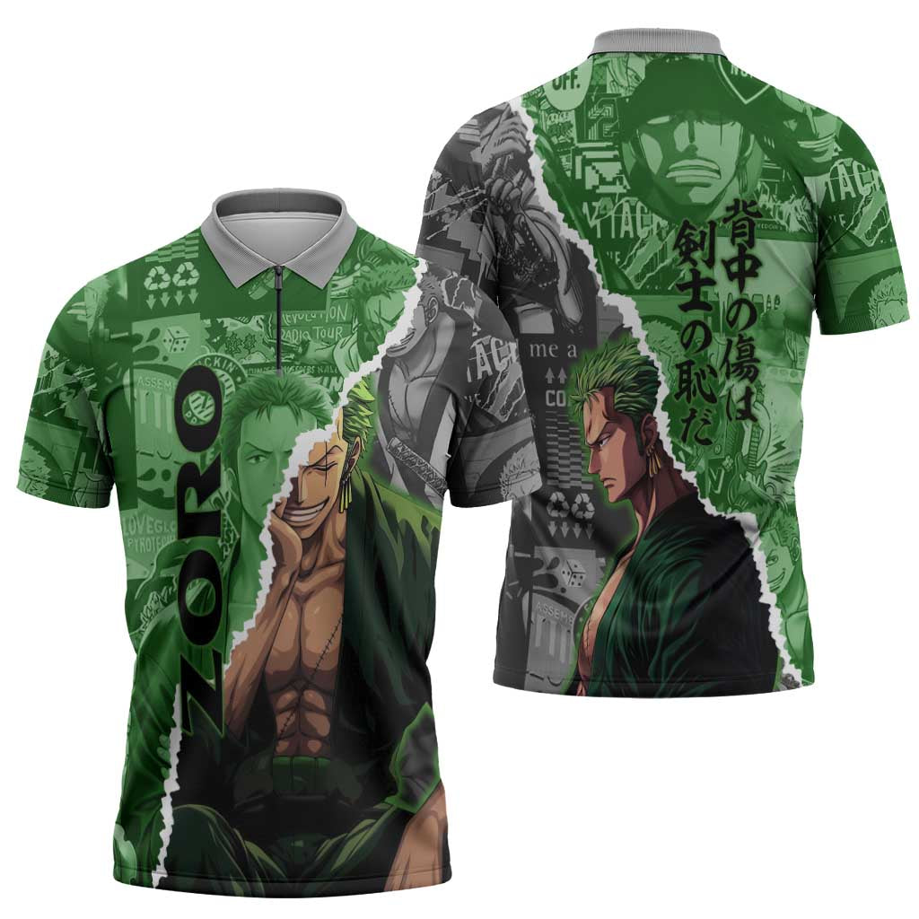 Zoro One Piece Green Theme Zipper Polo Shirt with Manga Collage and Dual Portrait Swordmaster Design - The Mazicc