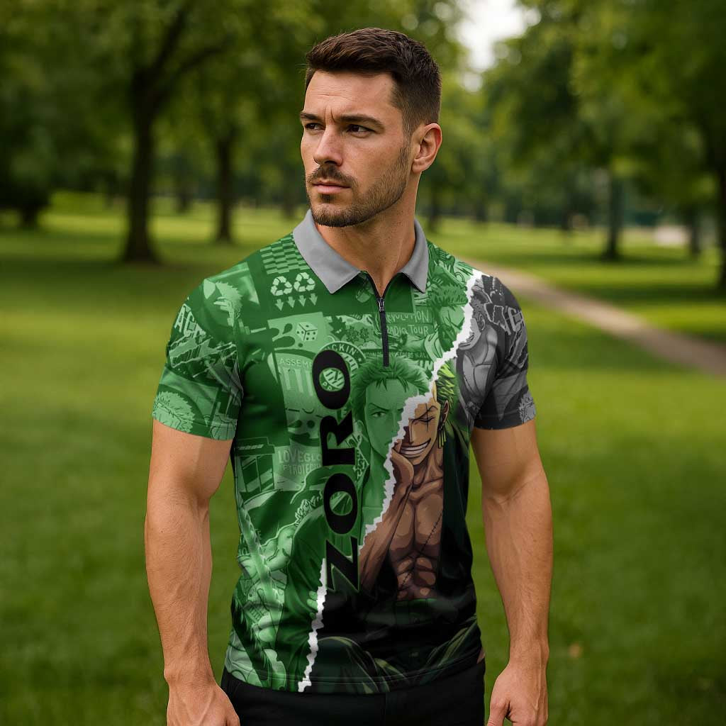 Zoro One Piece Green Theme Zipper Polo Shirt with Manga Collage and Dual Portrait Swordmaster Design - The Mazicc