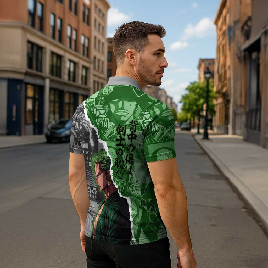 Zoro One Piece Green Theme Zipper Polo Shirt with Manga Collage and Dual Portrait Swordmaster Design - The Mazicc