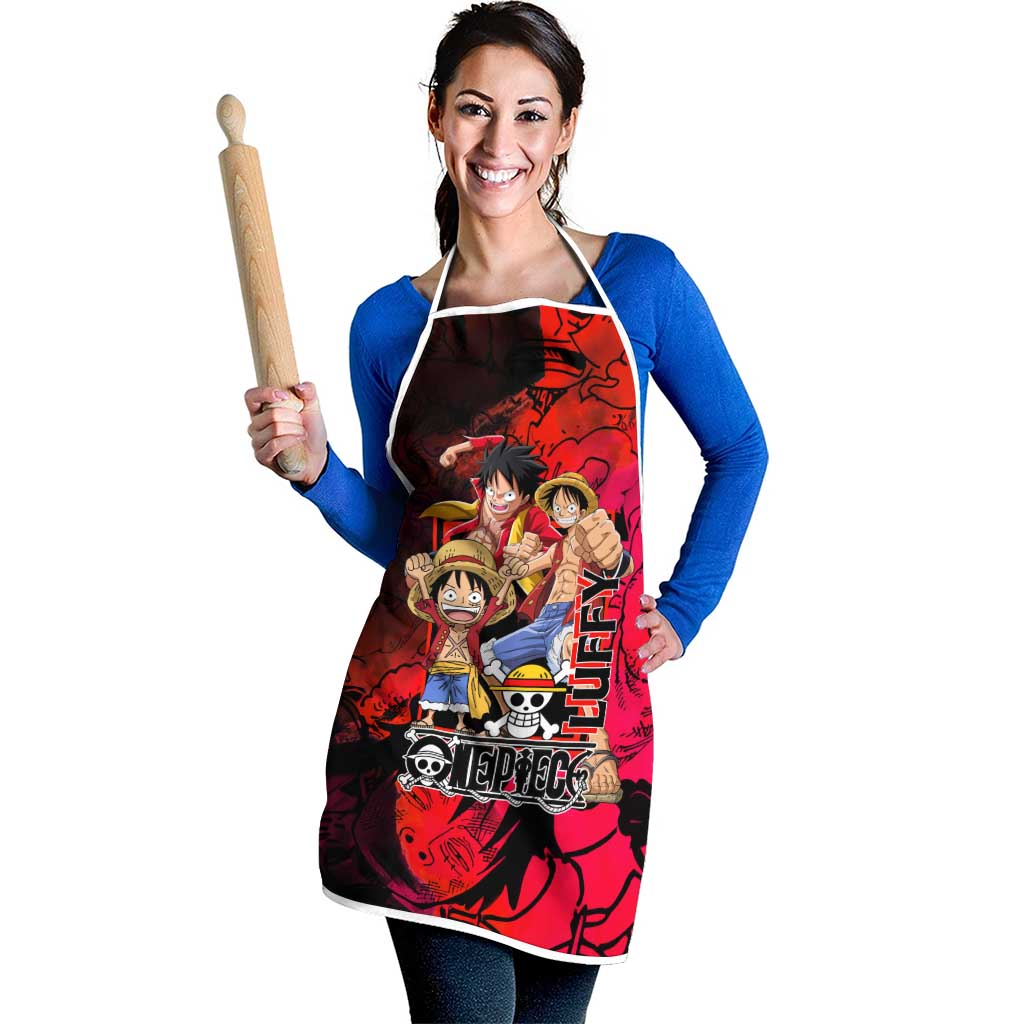 Luffy One Piece Red Theme Apron with Straw Hat Crew and Gear Transformation Design - The Mazicc