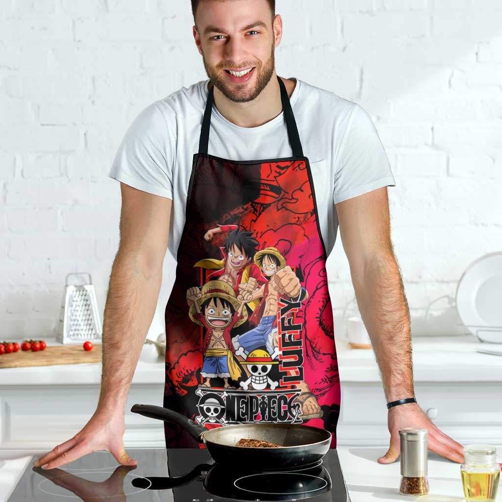 Luffy One Piece Red Theme Apron with Straw Hat Crew and Gear Transformation Design - The Mazicc