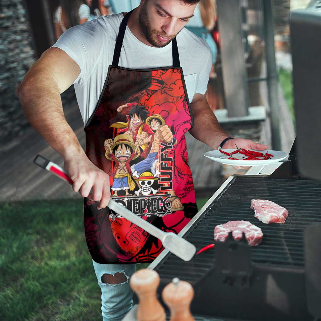 Luffy One Piece Red Theme Apron with Straw Hat Crew and Gear Transformation Design - The Mazicc