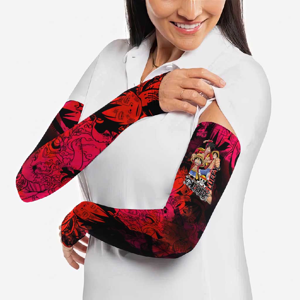 Luffy One Piece Red Theme Arm Sleeves with Straw Hat Crew and Gear Transformation Design - The Mazicc