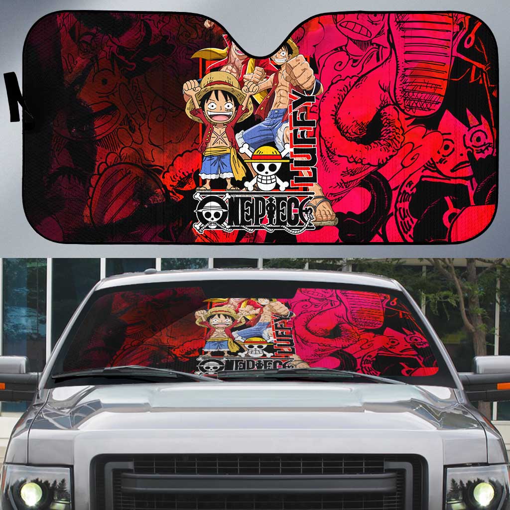 Luffy One Piece Red Theme Auto Sun Shade with Straw Hat Crew and Gear Transformation Design - The Mazicc