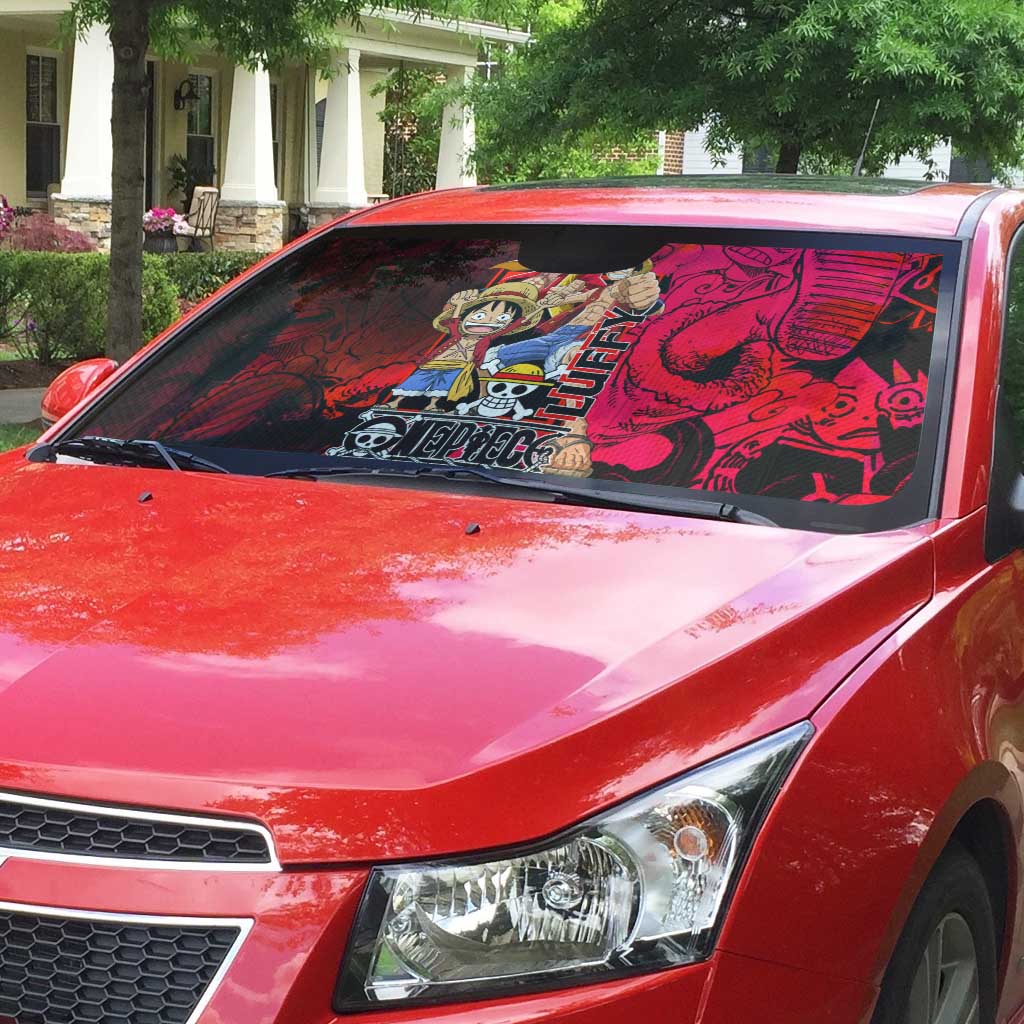 Luffy One Piece Red Theme Auto Sun Shade with Straw Hat Crew and Gear Transformation Design - The Mazicc