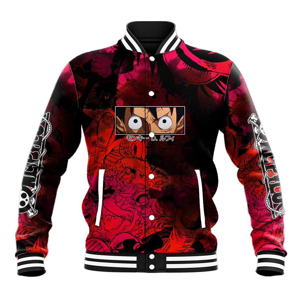 Luffy One Piece Red Theme Baseball Jacket with Straw Hat Crew and Gear Transformation Design - The Mazicc