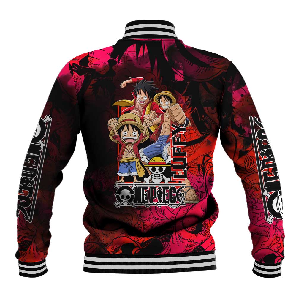 Luffy One Piece Red Theme Baseball Jacket with Straw Hat Crew and Gear Transformation Design - The Mazicc