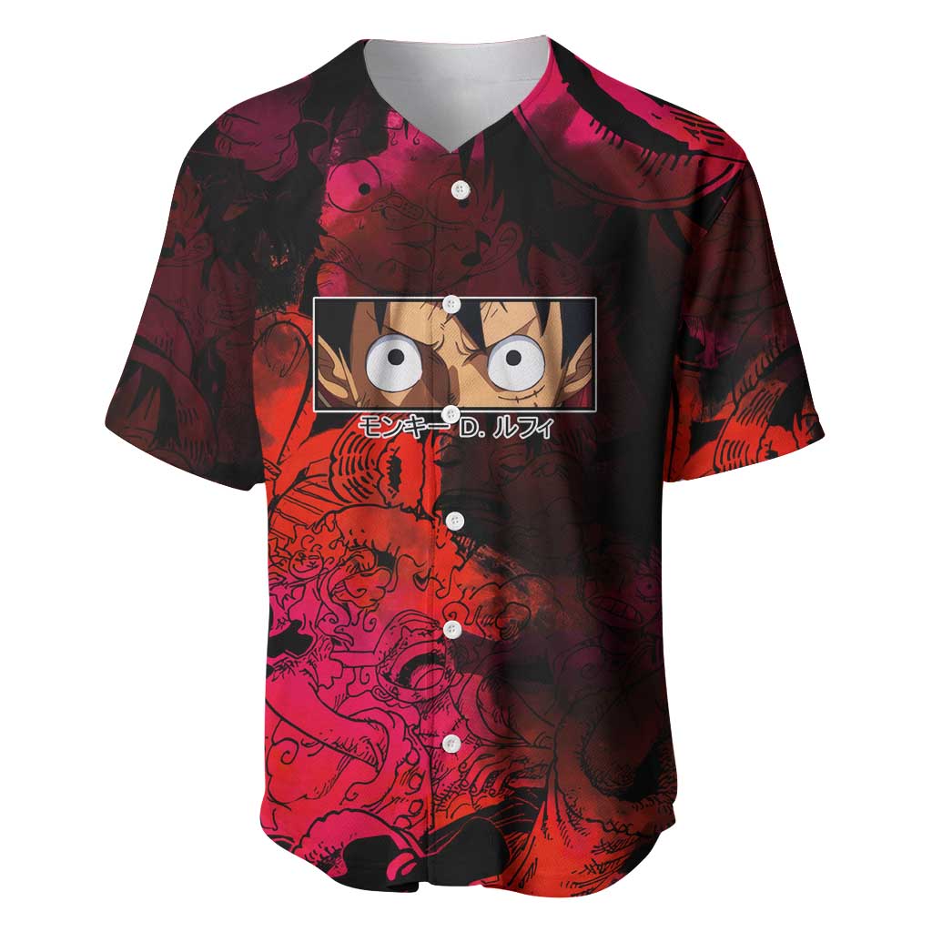 Luffy One Piece Red Theme Baseball Jersey with Straw Hat Crew and Gear Transformation Design - The Mazicc