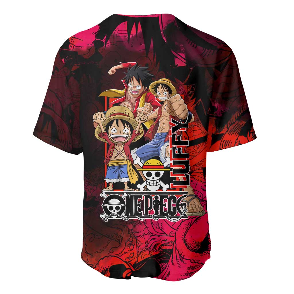 Luffy One Piece Red Theme Baseball Jersey with Straw Hat Crew and Gear Transformation Design - The Mazicc