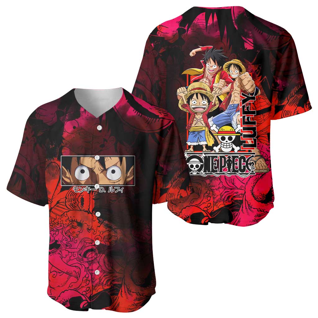 Luffy One Piece Red Theme Baseball Jersey with Straw Hat Crew and Gear Transformation Design - The Mazicc