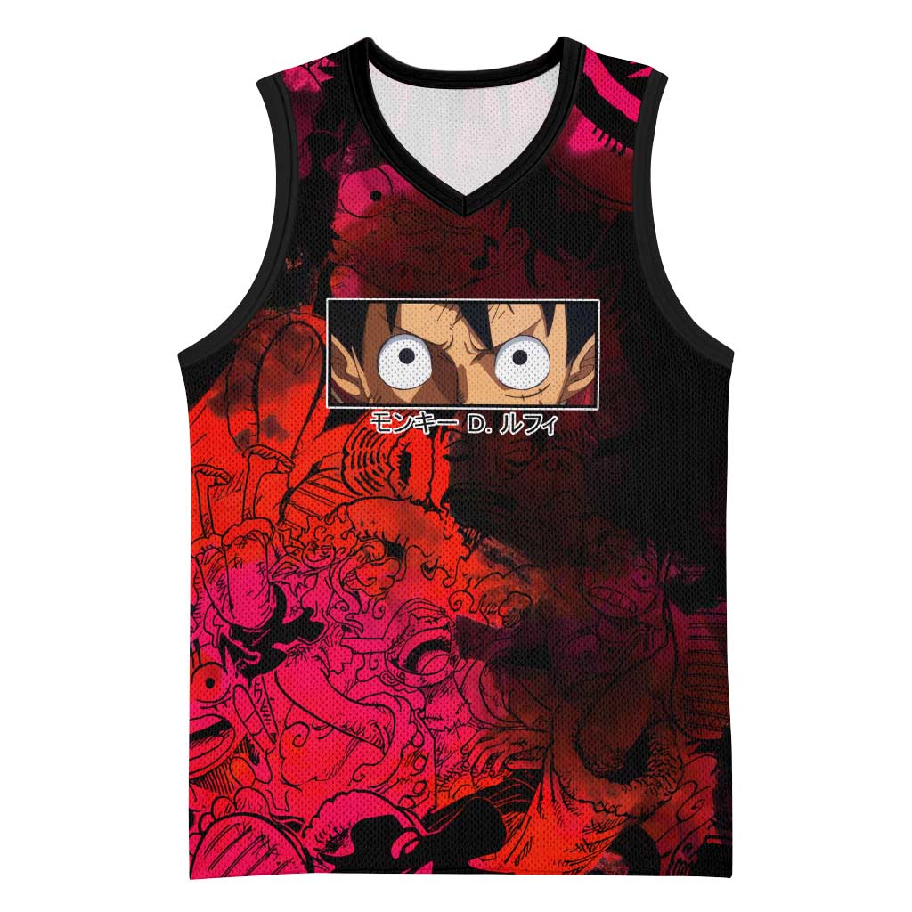 Luffy One Piece Red Theme Basketball Jersey with Straw Hat Crew and Gear Transformation Design - The Mazicc