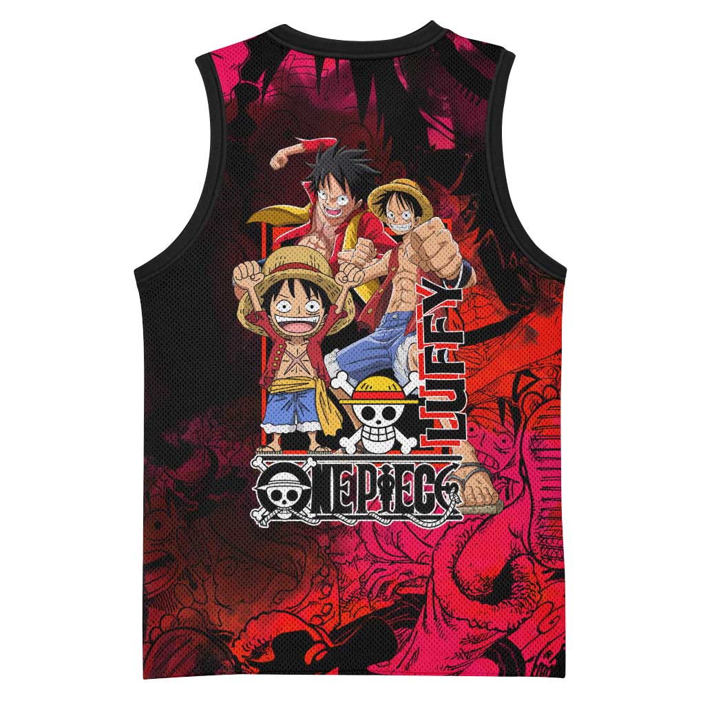 Luffy One Piece Red Theme Basketball Jersey with Straw Hat Crew and Gear Transformation Design - The Mazicc