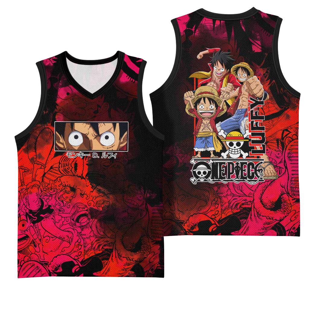Luffy One Piece Red Theme Basketball Jersey with Straw Hat Crew and Gear Transformation Design - The Mazicc