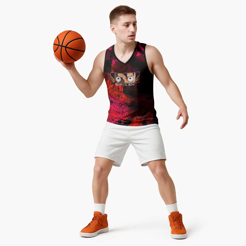 Luffy One Piece Red Theme Basketball Jersey with Straw Hat Crew and Gear Transformation Design - The Mazicc