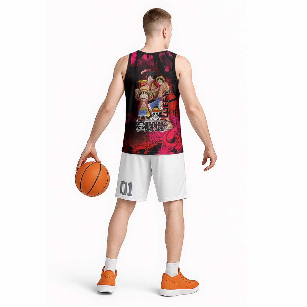 Luffy One Piece Red Theme Basketball Jersey with Straw Hat Crew and Gear Transformation Design - The Mazicc