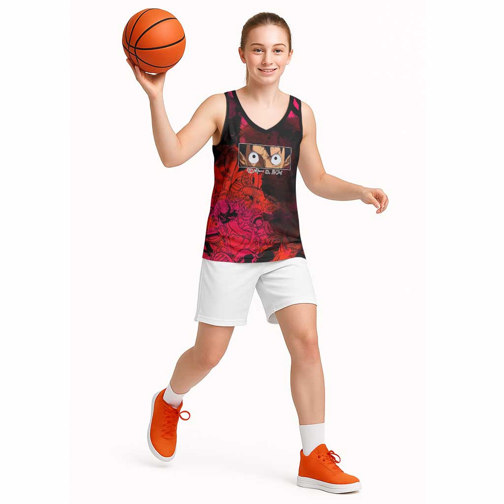 Luffy One Piece Red Theme Basketball Jersey with Straw Hat Crew and Gear Transformation Design - The Mazicc