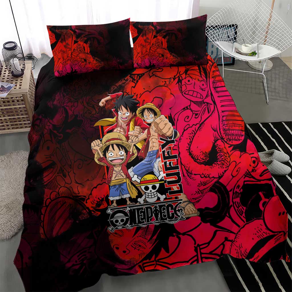 Luffy One Piece Red Theme Bedding Set with Straw Hat Crew and Gear Transformation Design - The Mazicc