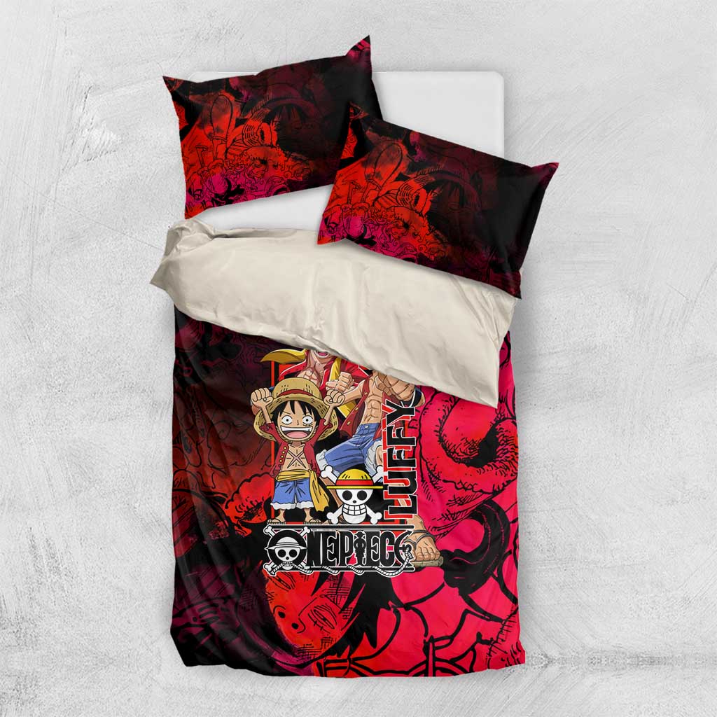 Luffy One Piece Red Theme Bedding Set with Straw Hat Crew and Gear Transformation Design - The Mazicc