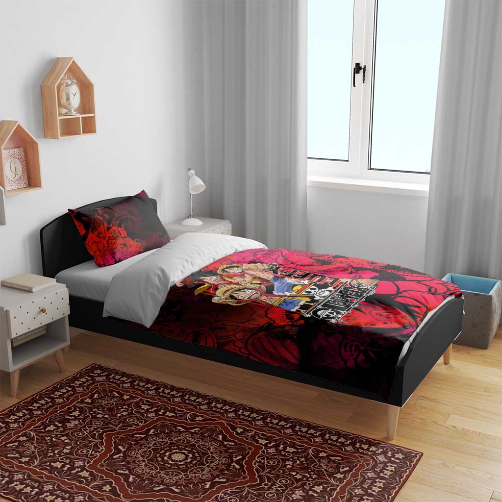 Luffy One Piece Red Theme Bedding Set with Straw Hat Crew and Gear Transformation Design - The Mazicc