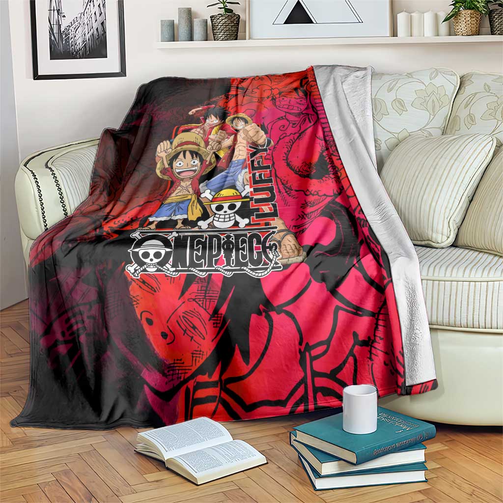 Luffy One Piece Red Theme Blanket with Straw Hat Crew and Gear Transformation Design - The Mazicc