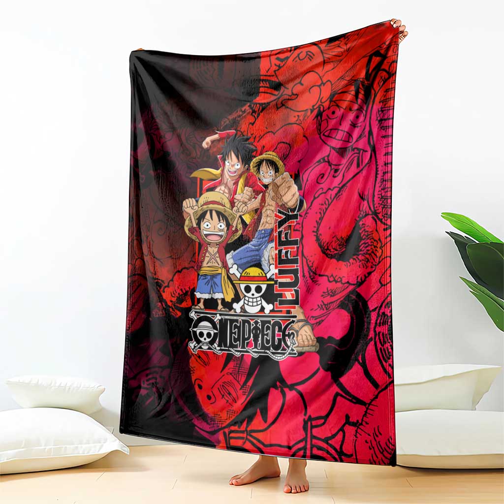 Luffy One Piece Red Theme Blanket with Straw Hat Crew and Gear Transformation Design - The Mazicc