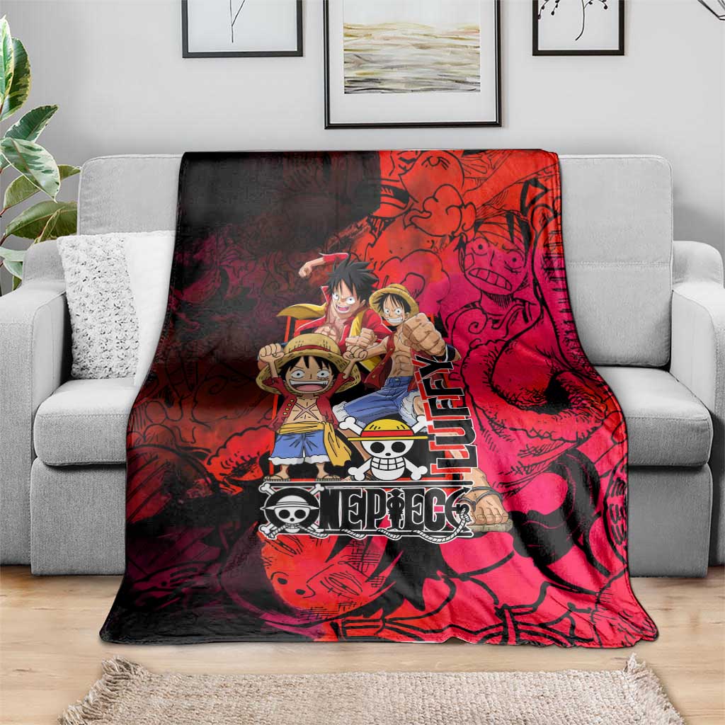 Luffy One Piece Red Theme Blanket with Straw Hat Crew and Gear Transformation Design - The Mazicc