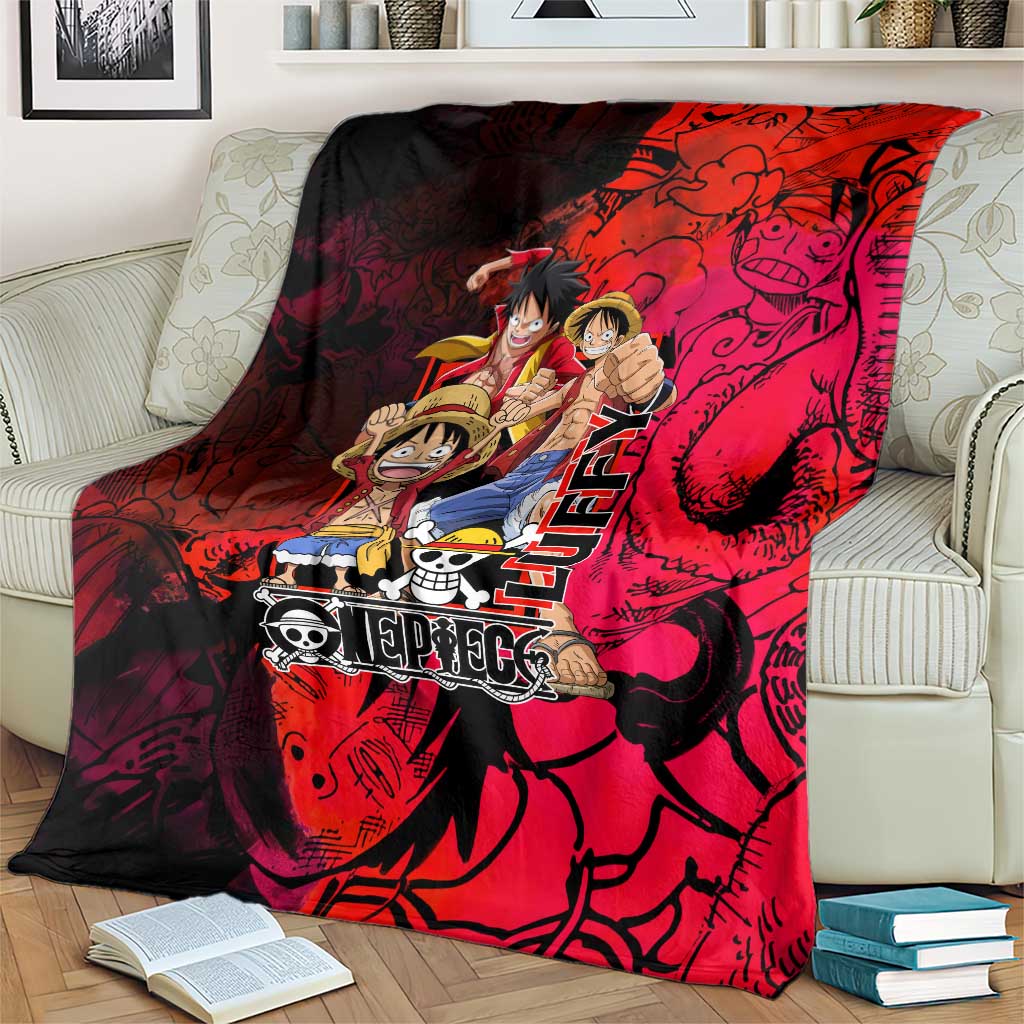 Luffy One Piece Red Theme Blanket with Straw Hat Crew and Gear Transformation Design - The Mazicc