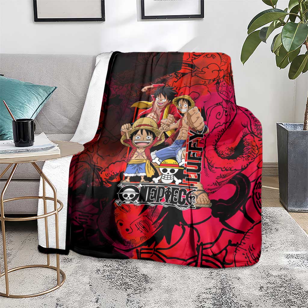 Luffy One Piece Red Theme Blanket with Straw Hat Crew and Gear Transformation Design - The Mazicc