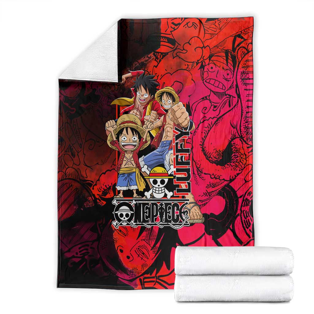 Luffy One Piece Red Theme Blanket with Straw Hat Crew and Gear Transformation Design - The Mazicc