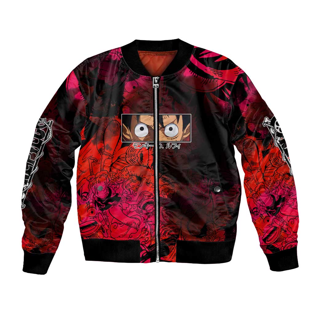Luffy One Piece Red Theme Bomber Jacket with Straw Hat Crew and Gear Transformation Design - The Mazicc