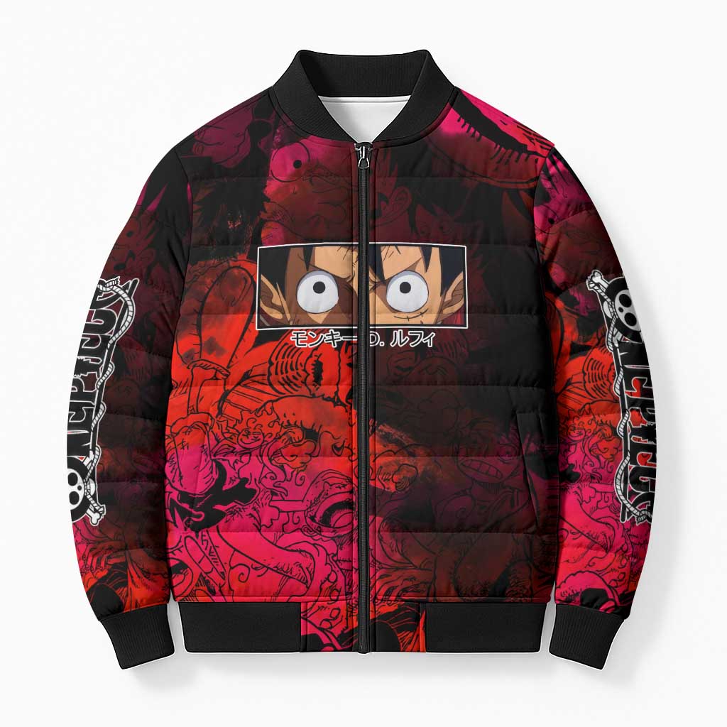 Luffy One Piece Red Theme Bomber Puffer Jacket with Straw Hat Crew and Gear Transformation Design - The Mazicc