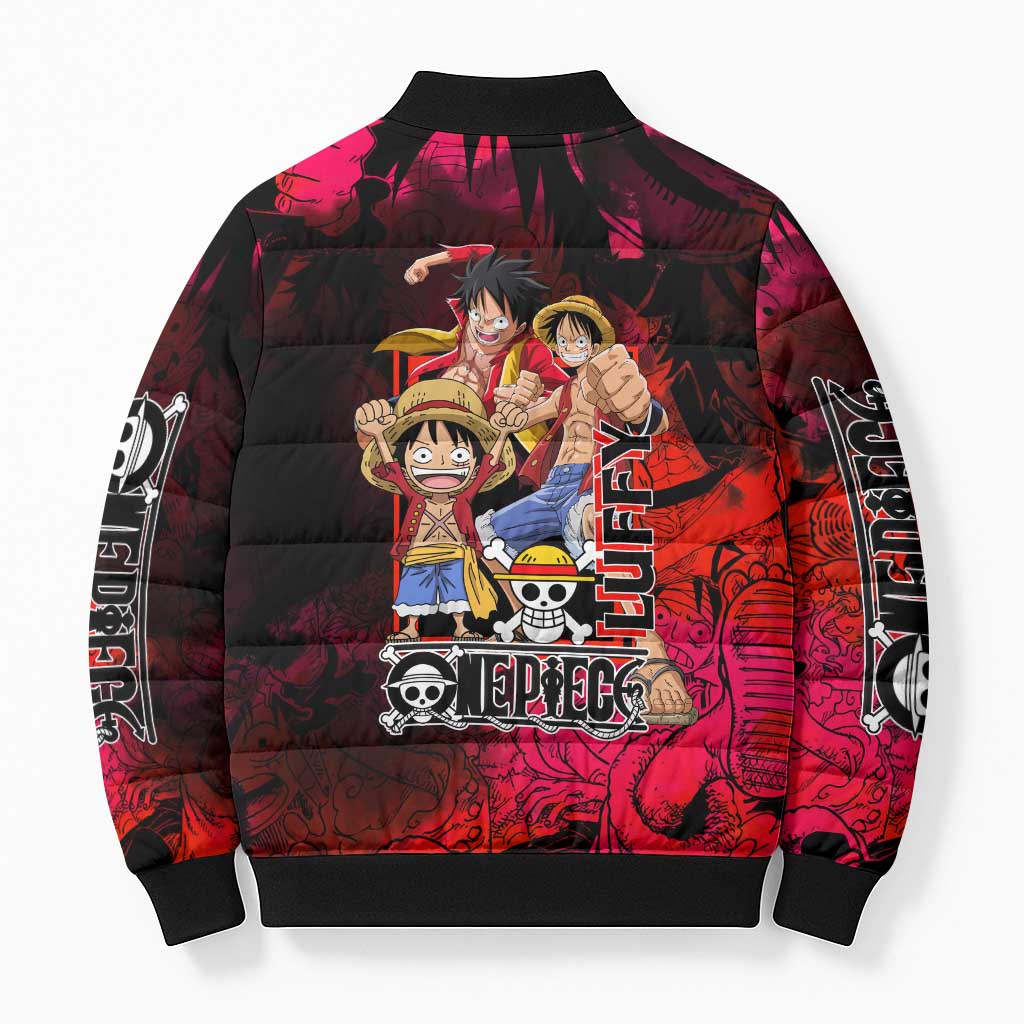 Luffy One Piece Red Theme Bomber Puffer Jacket with Straw Hat Crew and Gear Transformation Design - The Mazicc