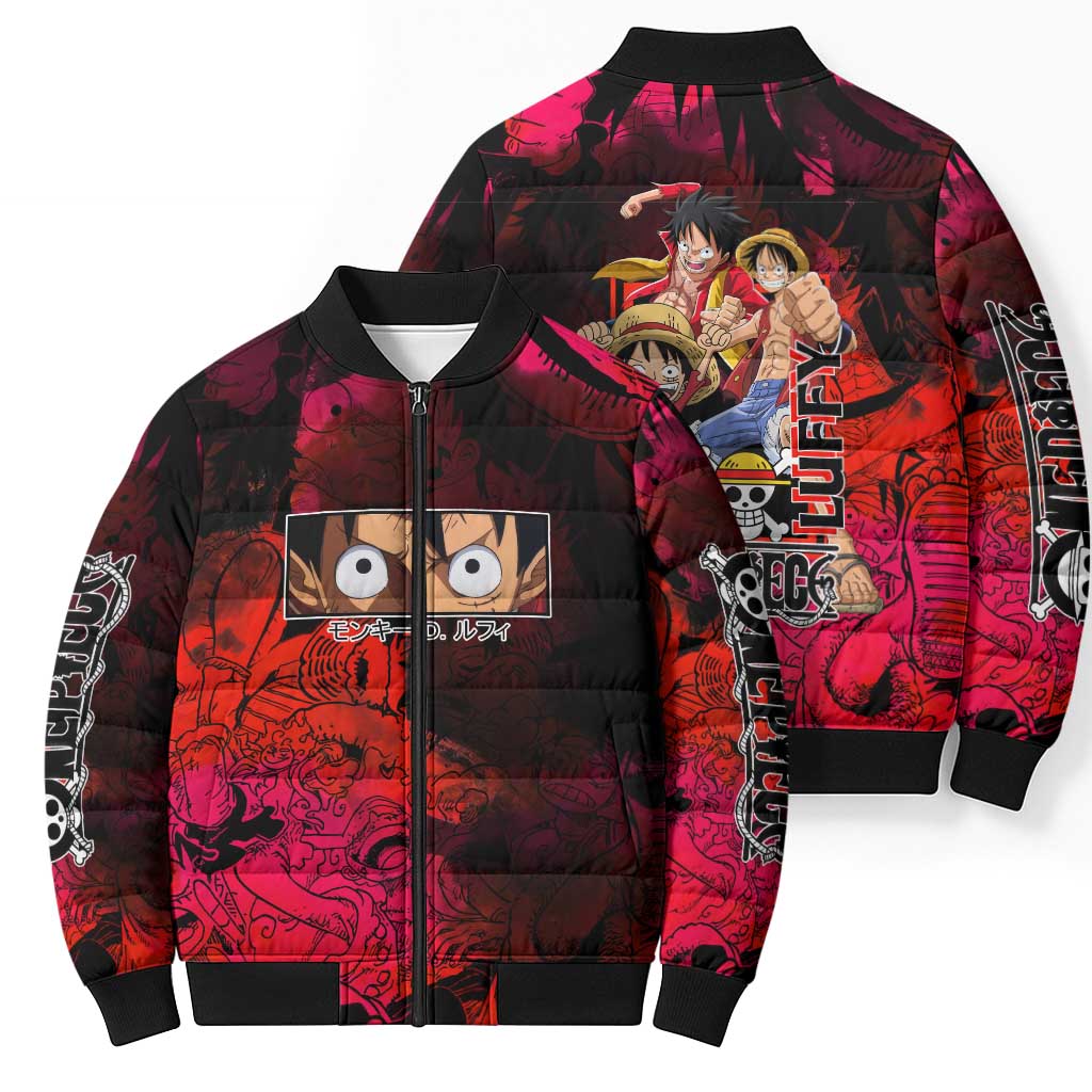 Luffy One Piece Red Theme Bomber Puffer Jacket with Straw Hat Crew and Gear Transformation Design - The Mazicc