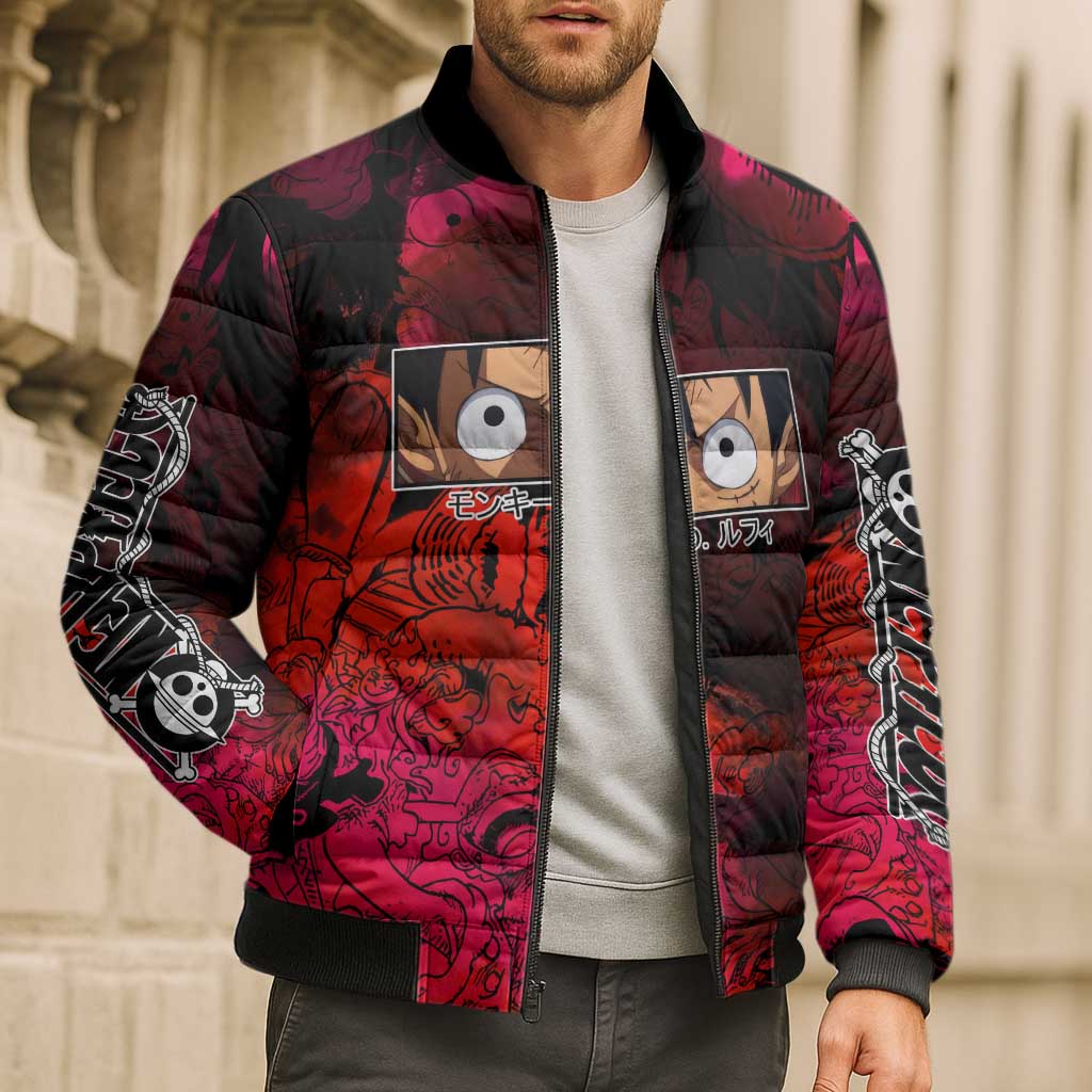 Luffy One Piece Red Theme Bomber Puffer Jacket with Straw Hat Crew and Gear Transformation Design - The Mazicc
