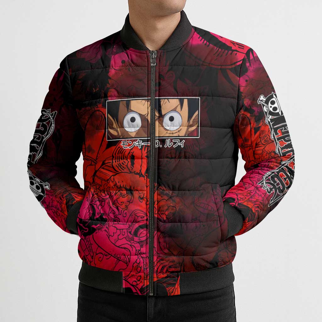 Luffy One Piece Red Theme Bomber Puffer Jacket with Straw Hat Crew and Gear Transformation Design - The Mazicc
