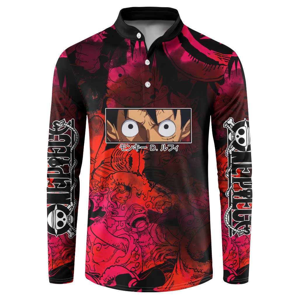 Luffy One Piece Red Theme Button Sweatshirt with Straw Hat Crew and Gear Transformation Design - The Mazicc