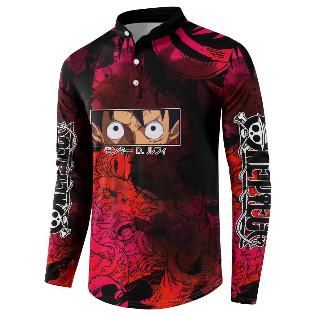 Luffy One Piece Red Theme Button Sweatshirt with Straw Hat Crew and Gear Transformation Design - The Mazicc
