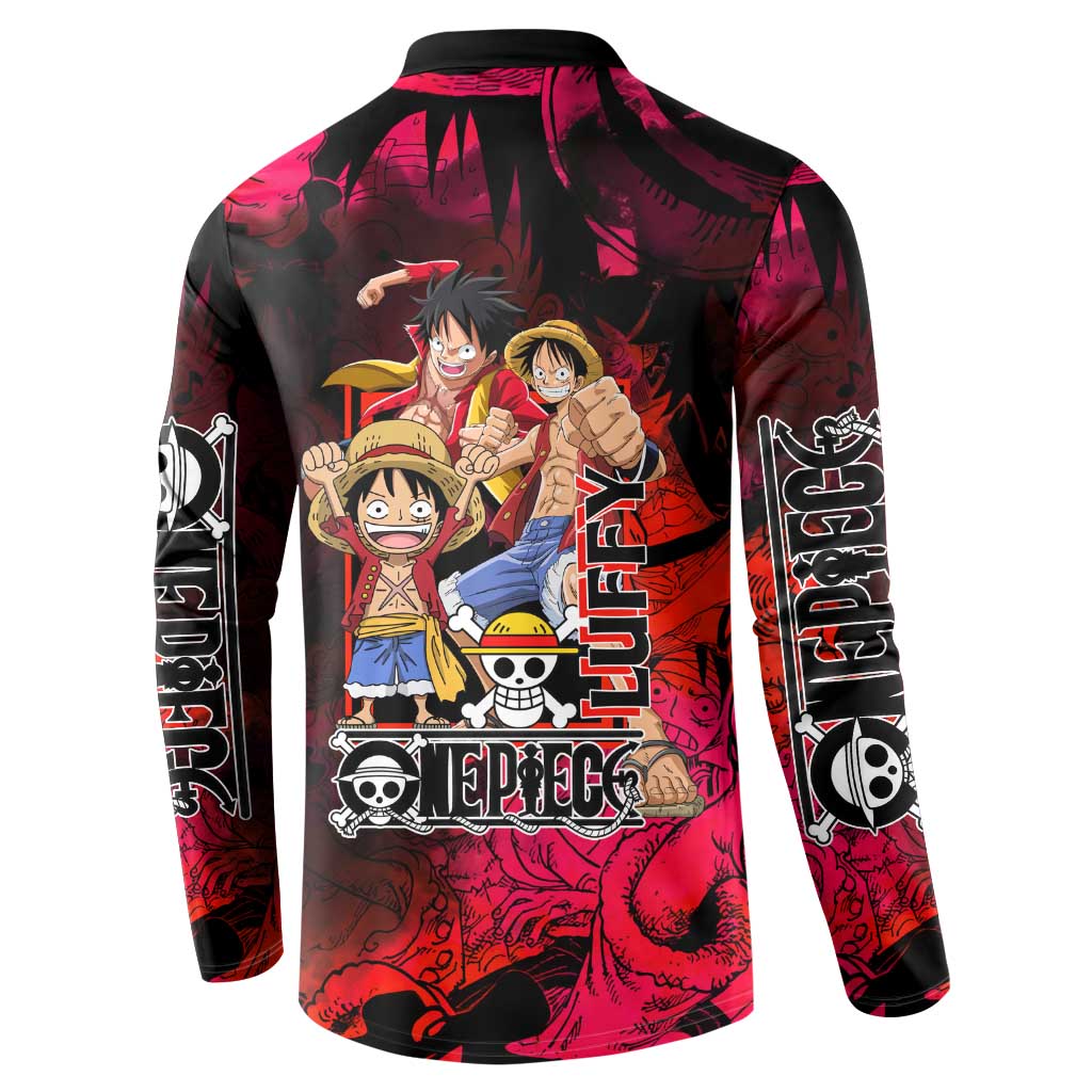 Luffy One Piece Red Theme Button Sweatshirt with Straw Hat Crew and Gear Transformation Design - The Mazicc
