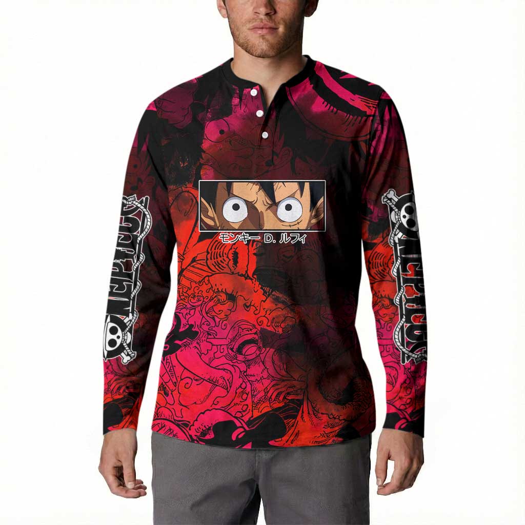 Luffy One Piece Red Theme Button Sweatshirt with Straw Hat Crew and Gear Transformation Design - The Mazicc
