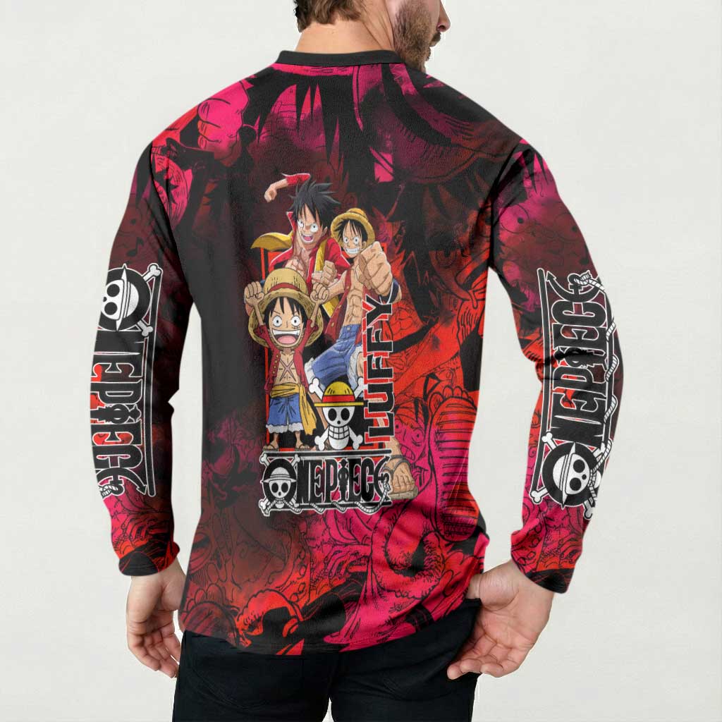 Luffy One Piece Red Theme Button Sweatshirt with Straw Hat Crew and Gear Transformation Design - The Mazicc