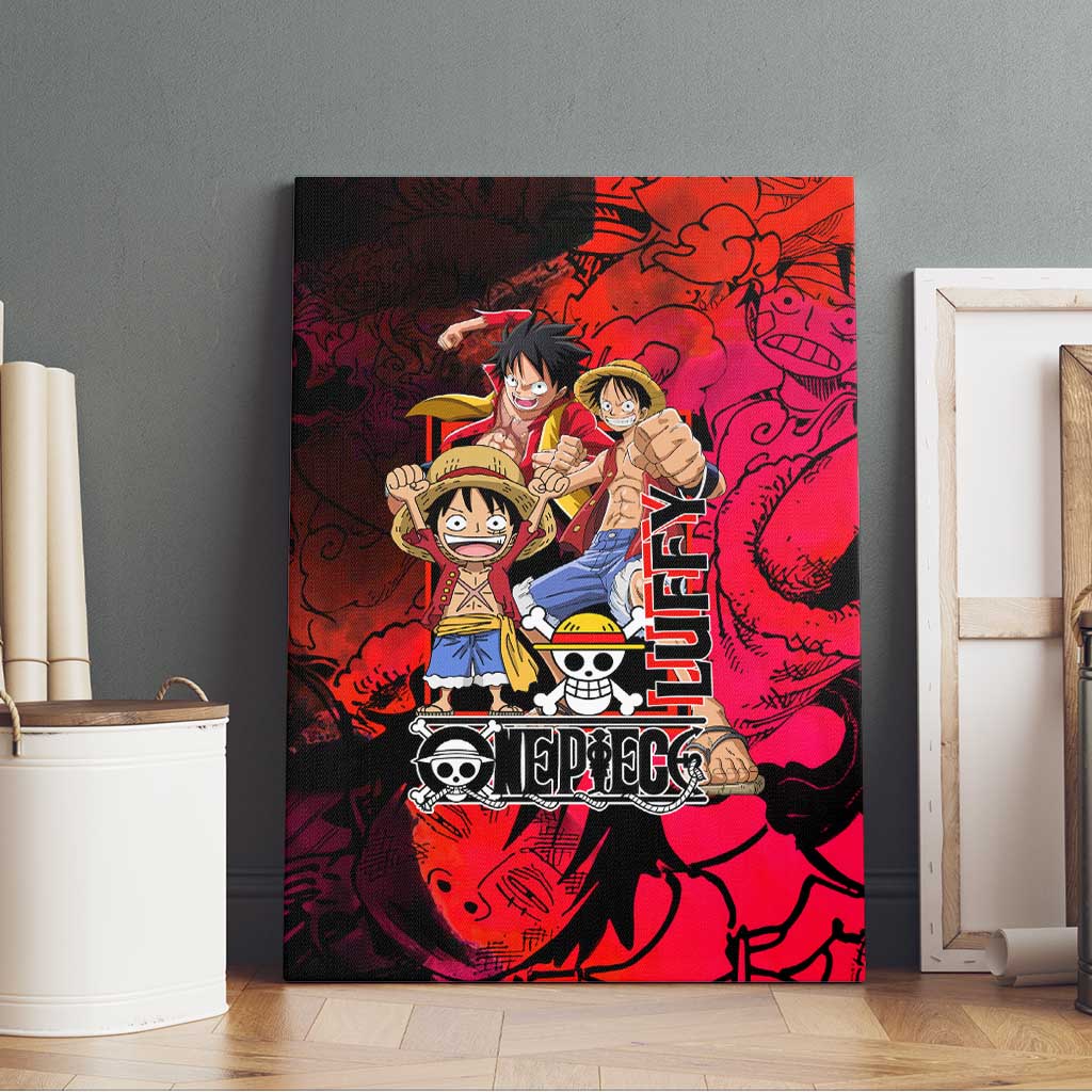 Luffy One Piece Red Theme Canvas Wall Art with Straw Hat Crew and Gear Transformation Design - The Mazicc