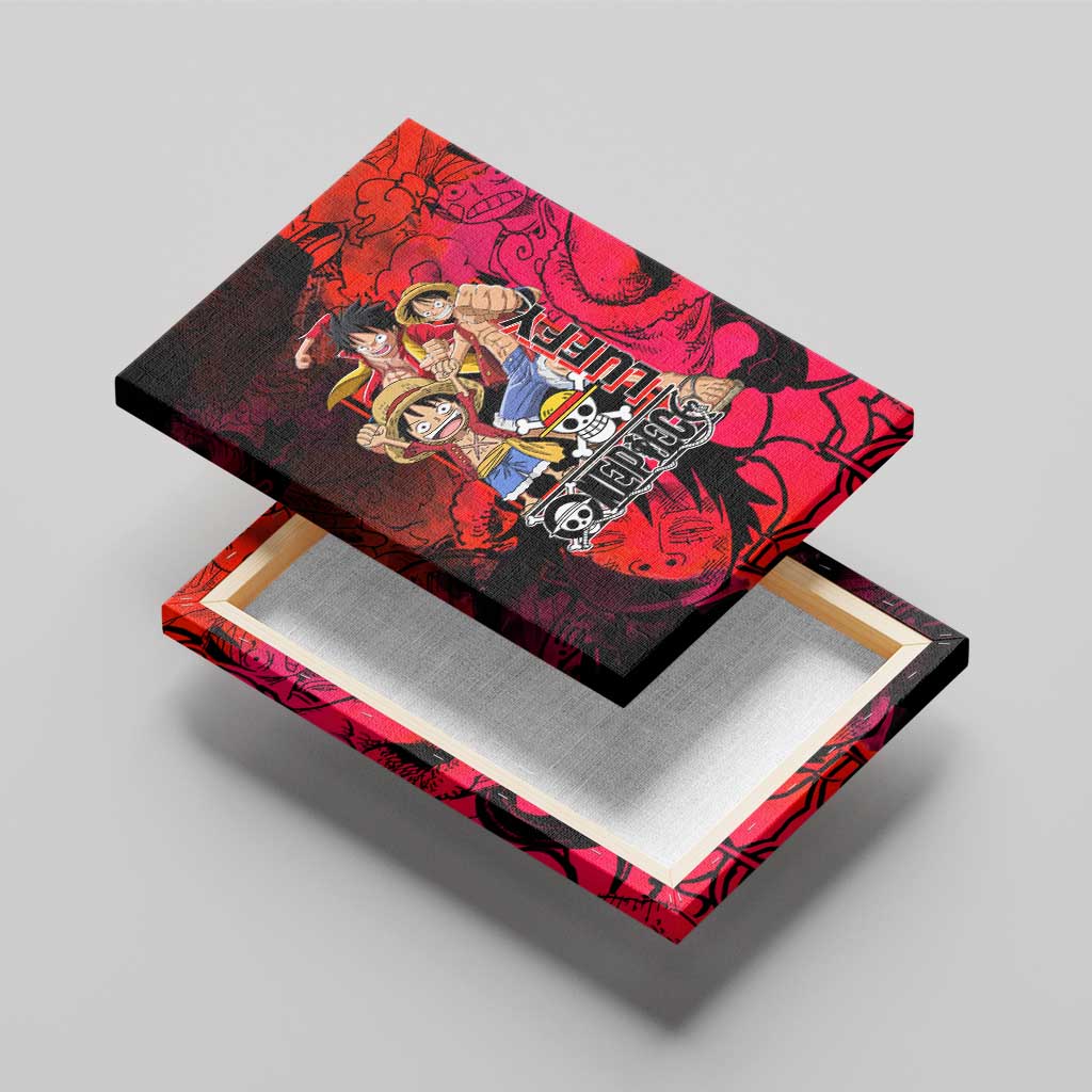 Luffy One Piece Red Theme Canvas Wall Art with Straw Hat Crew and Gear Transformation Design - The Mazicc